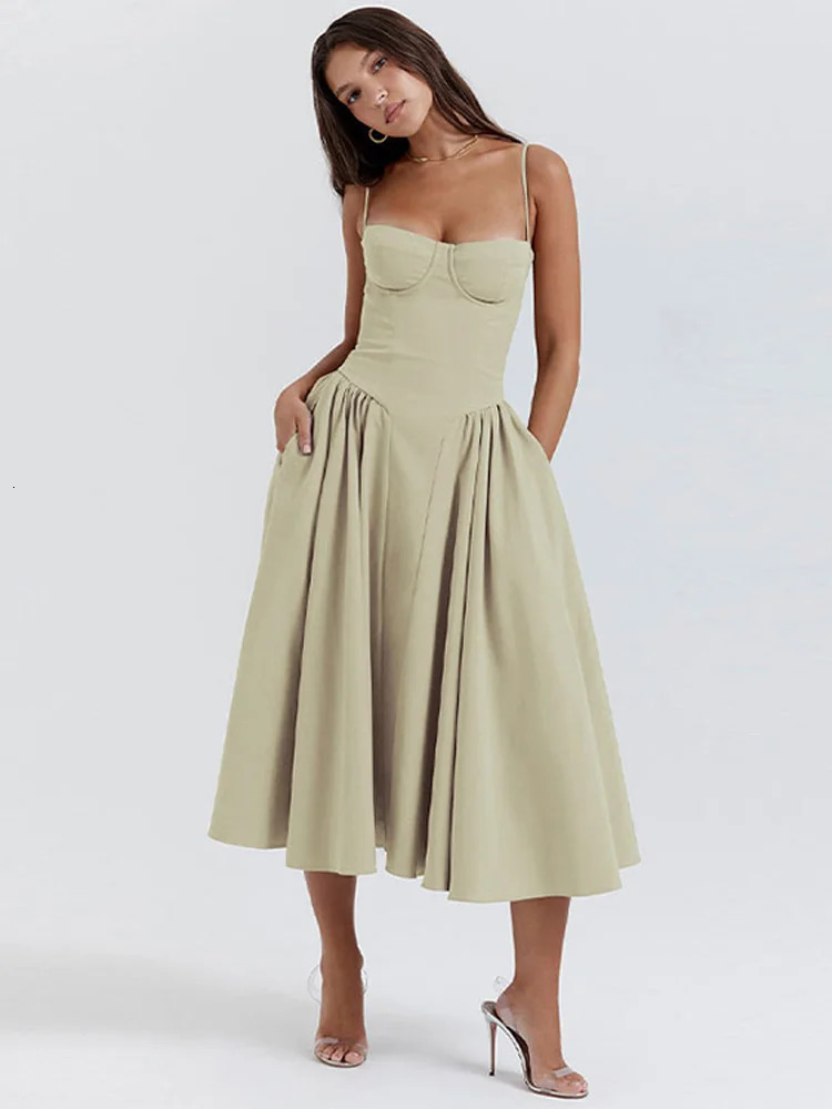 Sexy Solid Pleated Hem Sling Dress Women Fashion Midi Sleeveless Backless Dresses Female 2024 Summer Party Evening A-line Robes 241116