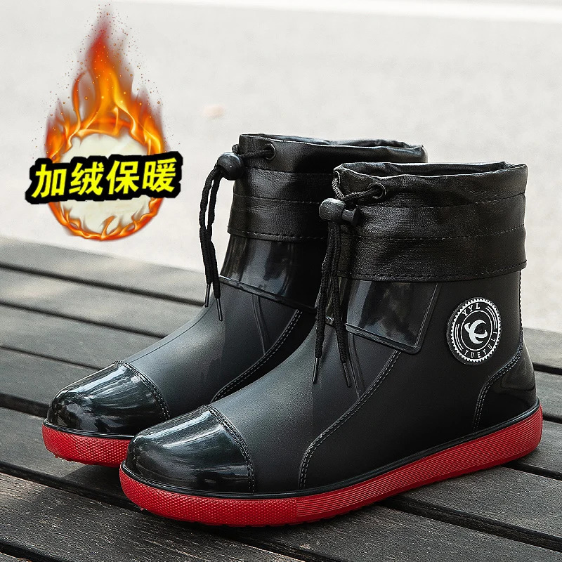 Rain boots mens nonslip rain boots large size velvet warm rubber shoes short outdoor fishing waterproof shoes for men and women 241115