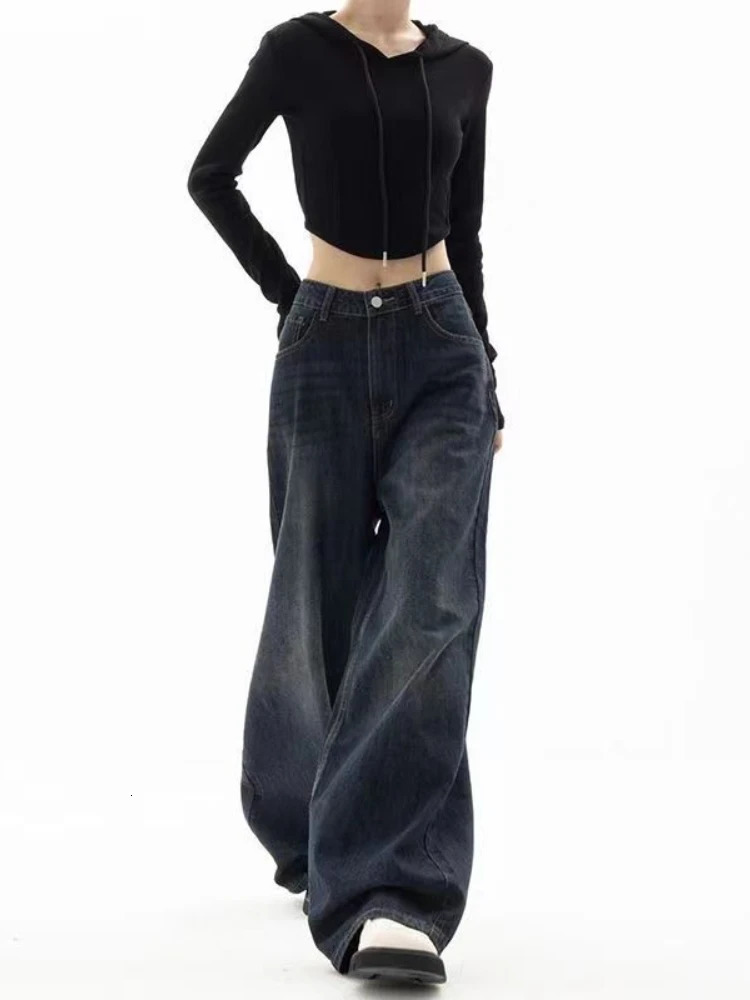 Deeptown Vintage Women Wide Leg Jeans Harajuku Denim Trousers Baggy Oversized Grunge Streetwear Y2k Spring Pants Korean Fashion 241108