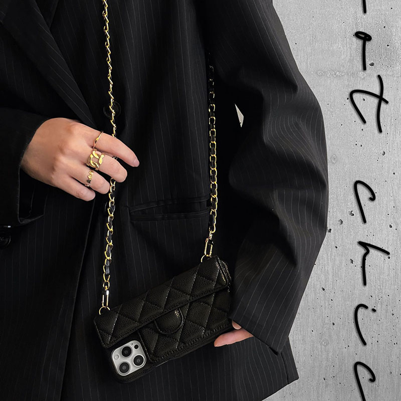 Crossbody Designer Phone Case for Apple iPhone 16 15 14 13 Luxury Pebbled Litchi Leather Diamond Pattern Chains Wallet Card Holder Strap Back Cover Coque Funda Black