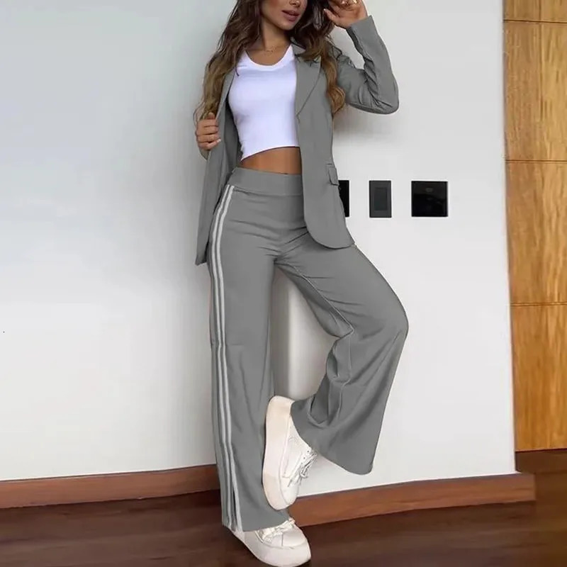 Autumn elegant striped printed womens set sexy lapel top and split pants winter long sleeved office uniform 241115