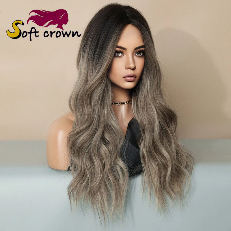 New for Ladies mid length wavy lace wig headpiece with gradient highlights Brown pink Purple hair girl cosplay synthetic wig