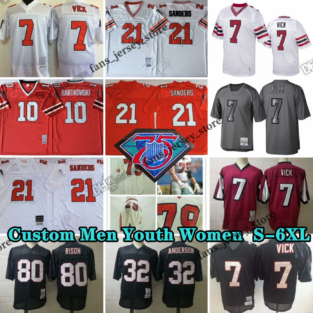 Custom 75th Vintage 7 Michael Vick Football Jerseys 21 Deion Sanders 51 Alex Mack 97 Grady Jarrett 70 Jake Matthews 10 Steve Bartkowski 80 Andre Rison Babineaux Turner
