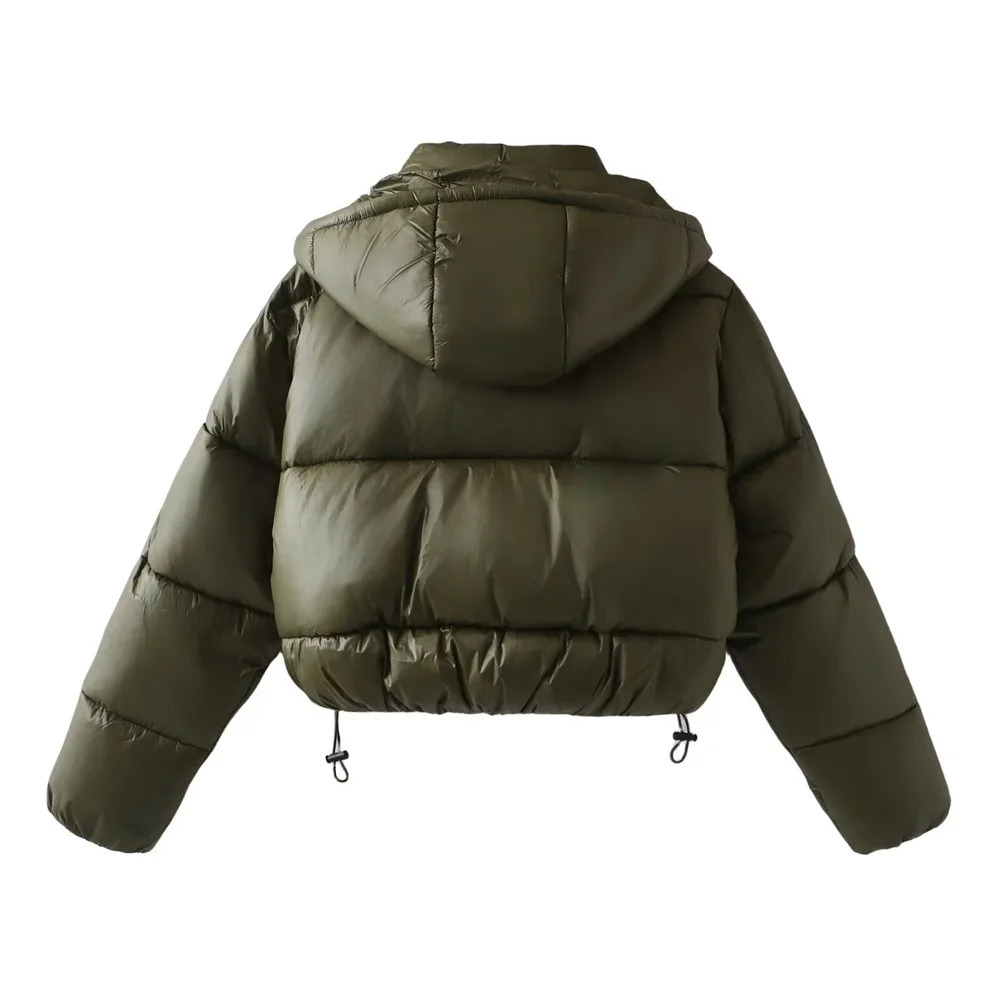 TRAF 2024 Autumn Product Womens Casual Stand up Collar Hooded Long Sleeve Loose Breadwear Short Cotton Jacket Coat 241115