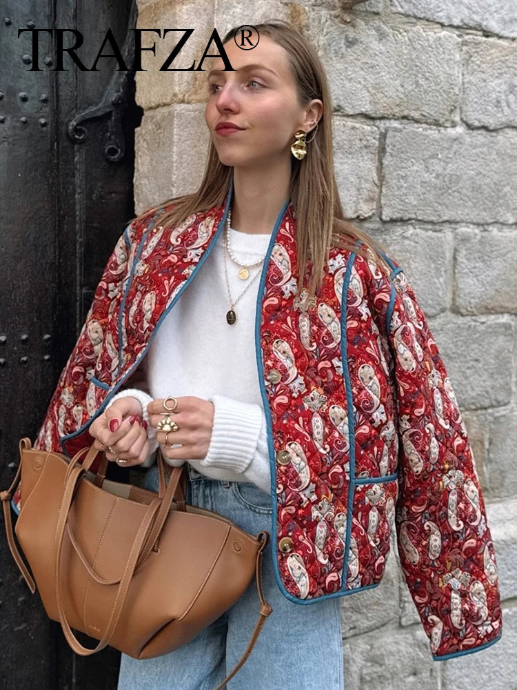 TRAFZA Women Winter Fashion Retro VNeck Red Printed Long Sleeve Cotton Jacket Female Elegant High Street Warm Short 241115