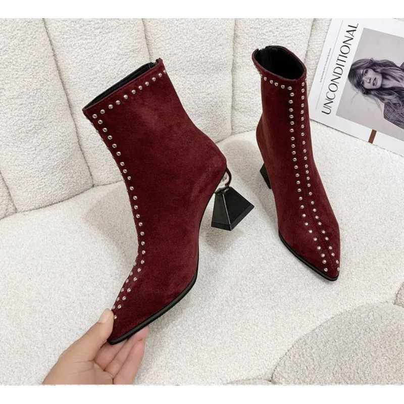 Womens ankle boots light spring and autumn winter pointtoe er womens short back zipper sexy suede high heels mom shoes 241115