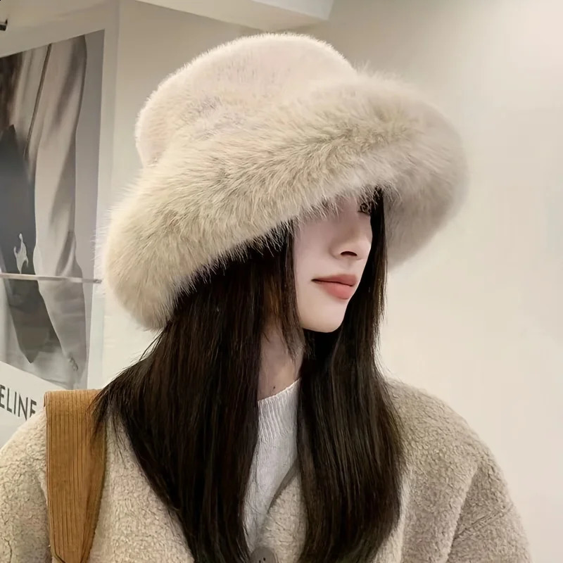 Fashion Faux Fur Big Bucket Hat for Women Russian Cossack Fluffy Winter Wrap Fuzzy Oversized Pink Wine Red 241116