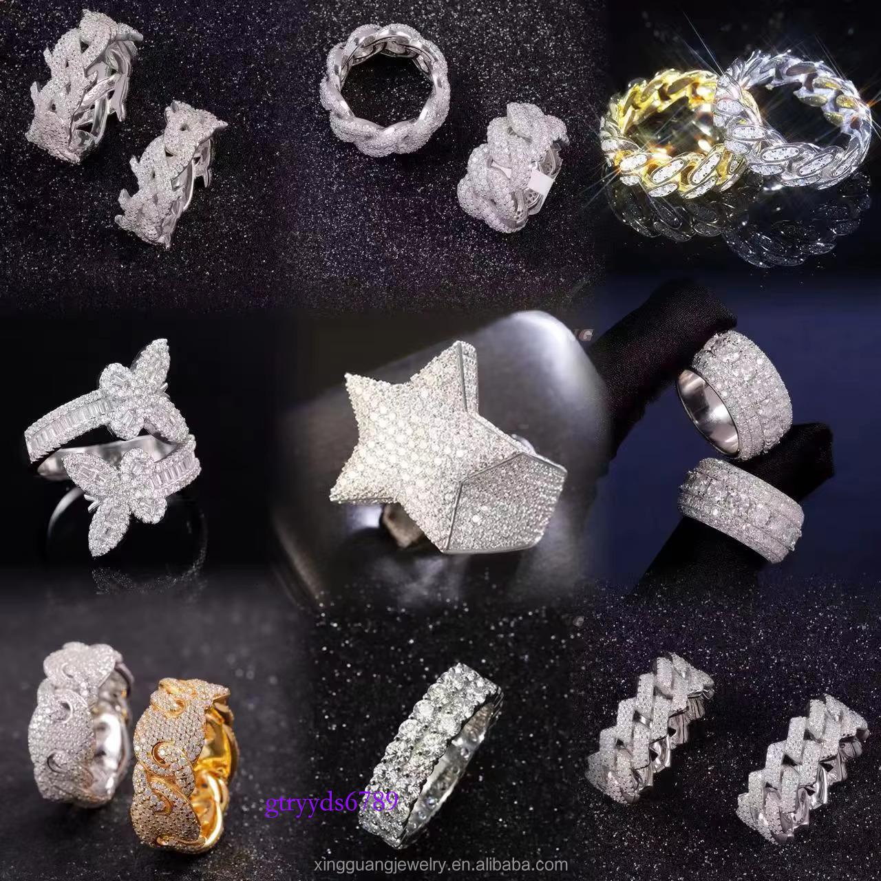 Guang In Stock Wholesale Price Jewelry cross Sier Iced Out 2row Dia Cuban Rings Moissanite Hip Hop Ring
