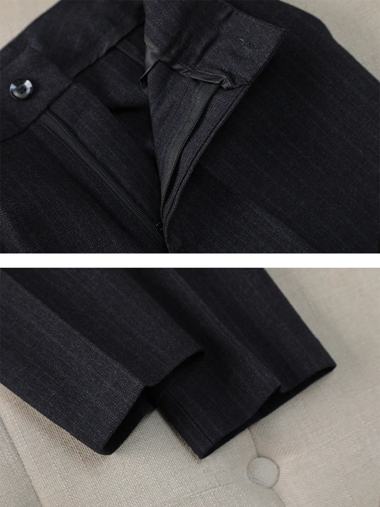 Womens workwear 2piece set of black blue striped formal jacket and Trouser 241115