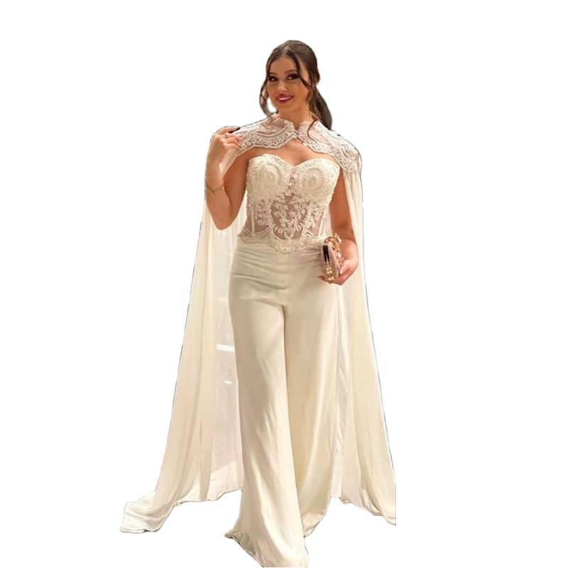 Elegant White Jumpsuits Evening Dresses With Long Wrap Lace Appliques Beaded Strapless Corset Pants Suit Prom Gown For Women Illusion Sexy Special Occ