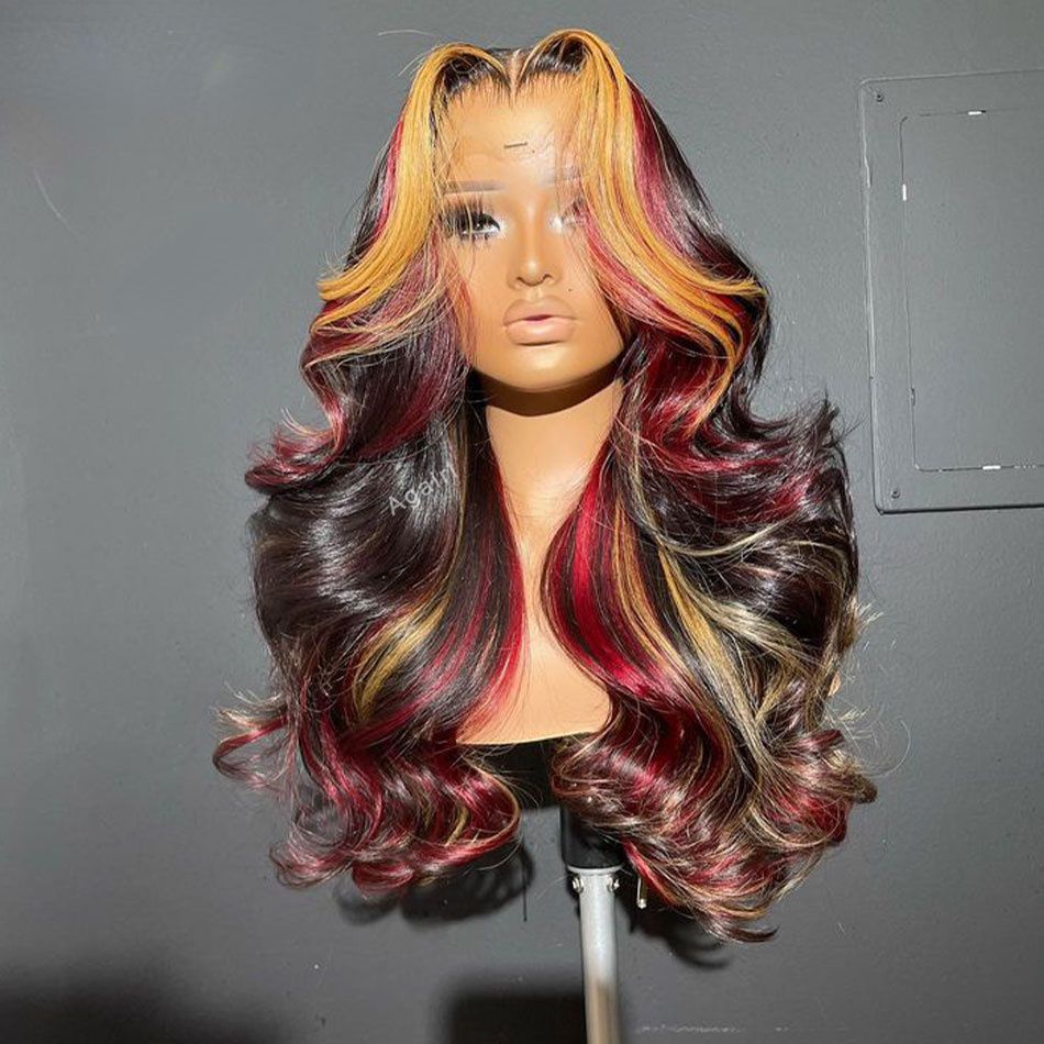 Glueless Red Highlight HD Body Wave Lace Frontal Wig 13x4 Honey Blonde Lace Front Human Hair Wigs PrePlucked 250% Density Synthetic