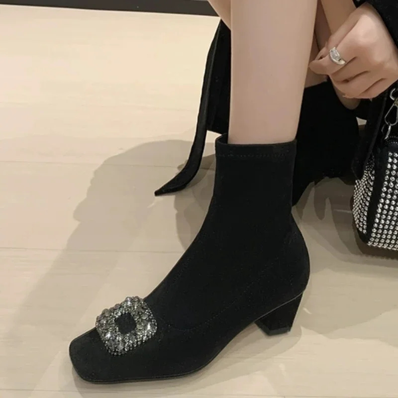 Womens Crystal Ankle Boots Suede Short and Fat Square Toe Shoes 2024 Winter Trend Elegant Party Pump Selling Womens Botas 241115