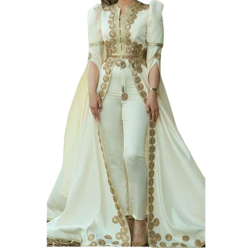 Elegant Ivory Morroccan Kaftan Evening Dresses With Gold Lace Appliques Women Jumpsuits Crystal Beaded Arabic Formal Party Gown Puff Long Sleeves Prom