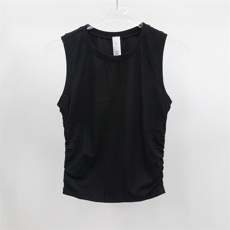 Womens Yoga T-shirt Summer Top Womens Ribbed Round CollarSleeveless Elastic Drawstring Sports Fitness Solid Color