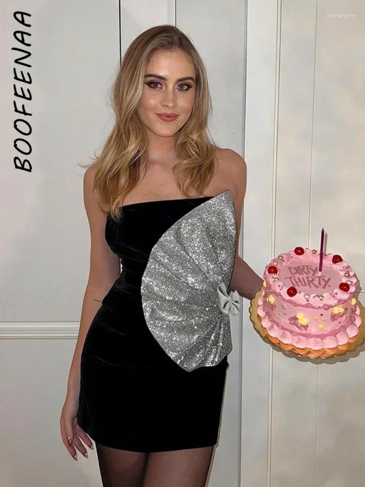 Casual Dresses BOOFEENAA Glitter Patchwork Black Velvet Tube Top Short For Women Sexy Celebrity Party Dress Ladies 2024C69-BH18