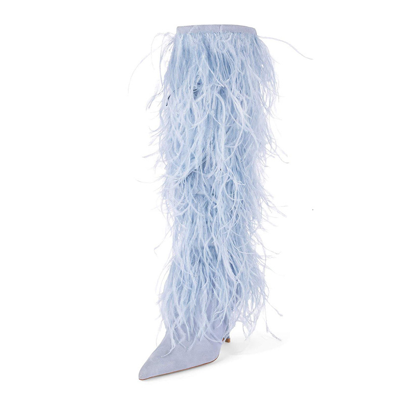 2024 foreign trade new pointed thin heel super high heels ostrich fur runway sleeve plus plus size hairy long boots knee high women's boots