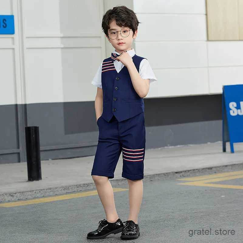 Suits Gentleman Kids School Performance Dress Children Graduation Clothing Set Boys Summer Vest+Short+Bowtie 3Pcs Formal Wedding Suit
