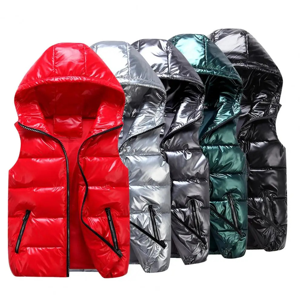 1 soft womens winter vest solid color hooded warm winter waist jacket elastic hem pocket light colored quilted vest suitable for daily wear 241111