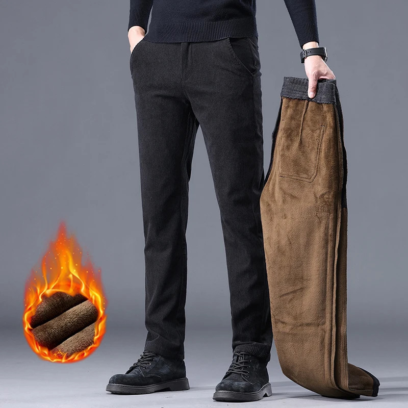Khaki black gray wool mens denim casual pants chenille thick stretch business rise winter 241115