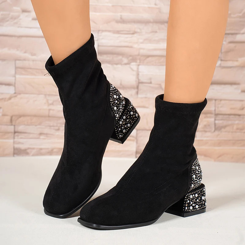Crystal Womens Ankle Boots Winter Suede High Heels 2025 Thick Skirt Pump Snow Boots Chercibotas Mujer 241115