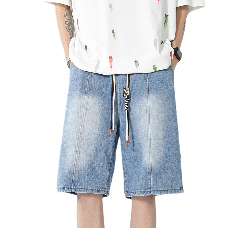 Summer Men Jeans Shorts Relaxed and Loose Fitting Trousers Denim Elastic Waist Short Jean Mens Oversized GrayBlue S3XL 240416