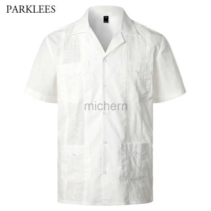 Men's Casual Shirts Embroidery Floral Patchwork for Men Multi-Pocket Mens Short Sleeve Shirt Cuban Camp Guayabera Ethnic Clothing 240417