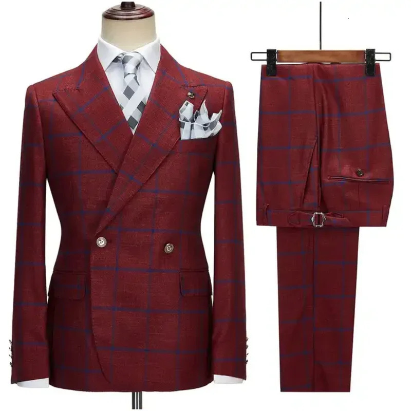 2 Pieces Check Plaid Men Suits Set ed Lapel Business Party Costume Homme Wedding Groom Tuxedos Dress Jacket Pants 241115