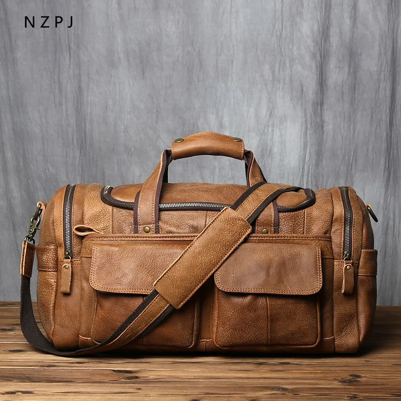 NZPJ vintage mens handbag leather travel bag top denim large capacity single shoulder messenger bag casual laptop 241115