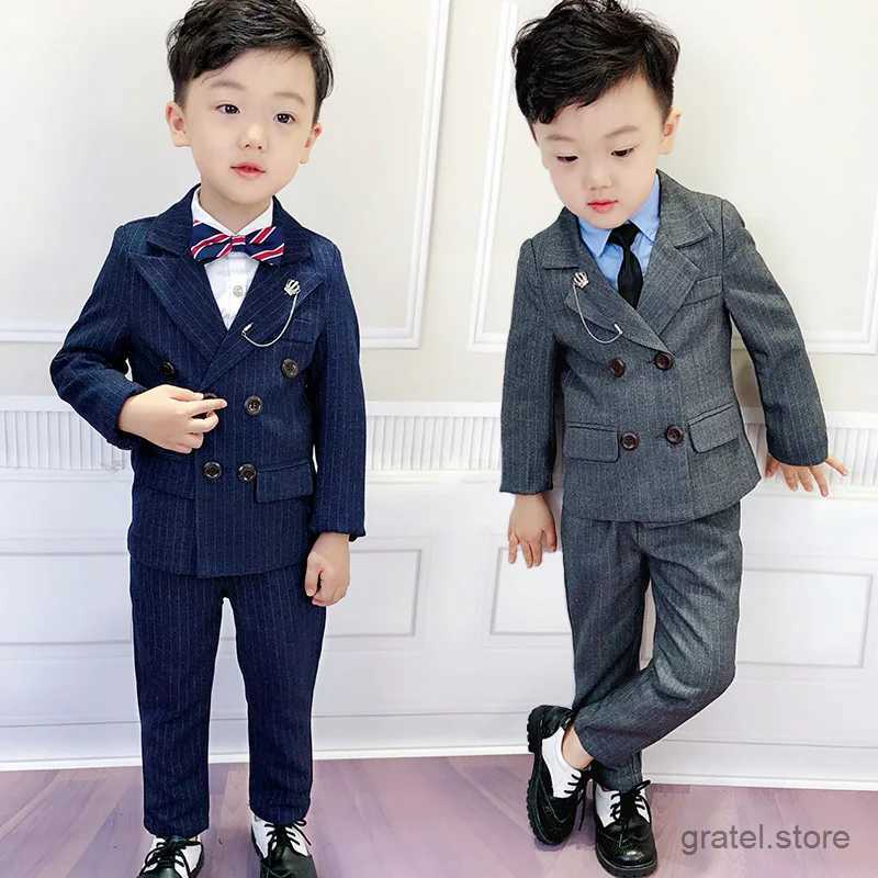 Suits Baby Boy Double breasted Jacket Pants Shirt 3PCS Photography Suit Kids Ceremony Costume Children Blzaer Clothing Set For Wedding