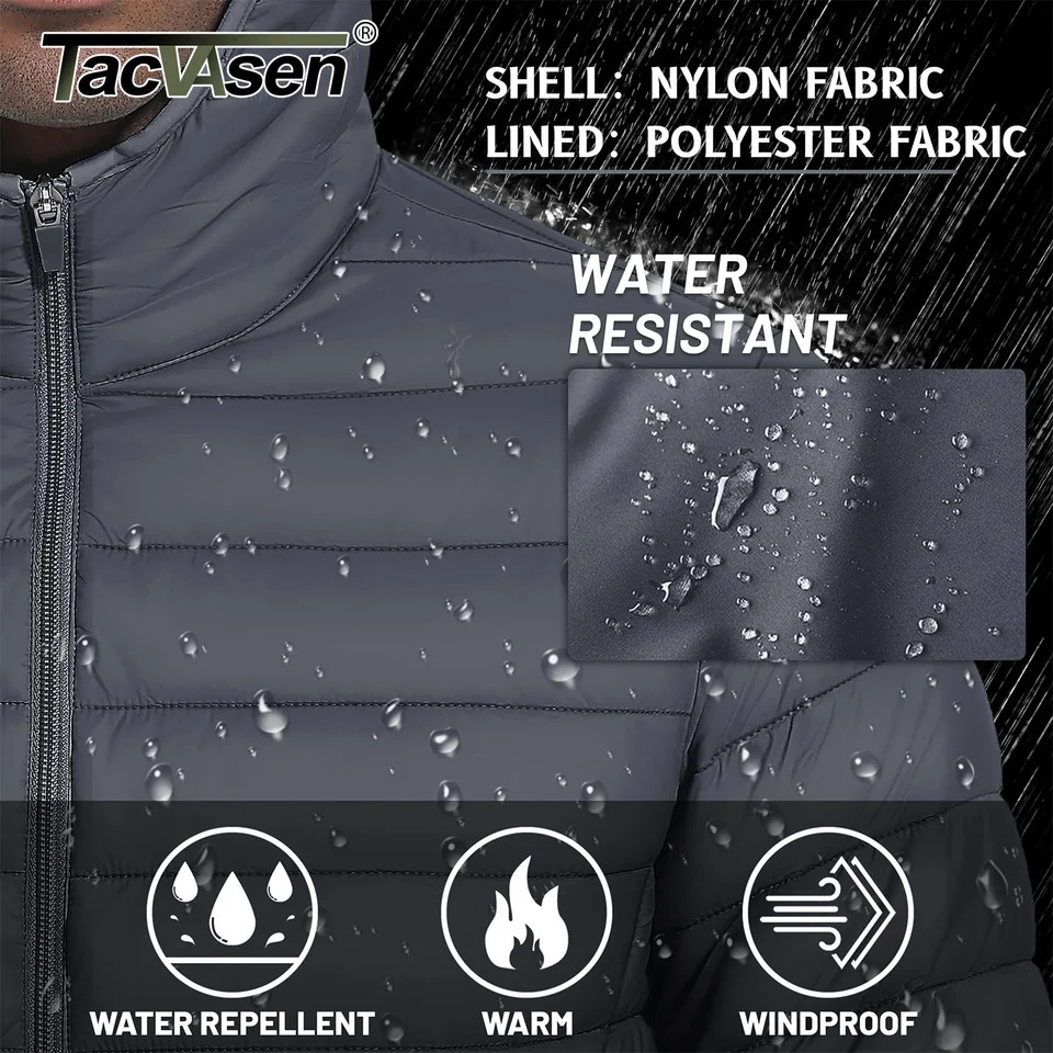 TACVASEN Lightweight Puffer Jackets Mens Quilted Polyester Nylon Jacket Ripstop Quick Dry Hooded Down Insulated Windbreaker Coat 241115