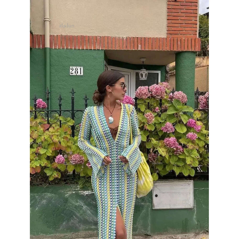 Crochet Colorful Stripe Maxi Dress Women Flare Sleeve Vneck High Split Sexy Long Dresses Autumn Beach Banquet Vestidos 240513