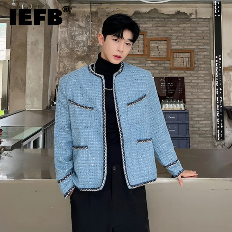 IEFB mens coarse tweed cardigan autumn winter trend collarless jacket fashion Korean style Elgan coat personalized item 9C2554 241115