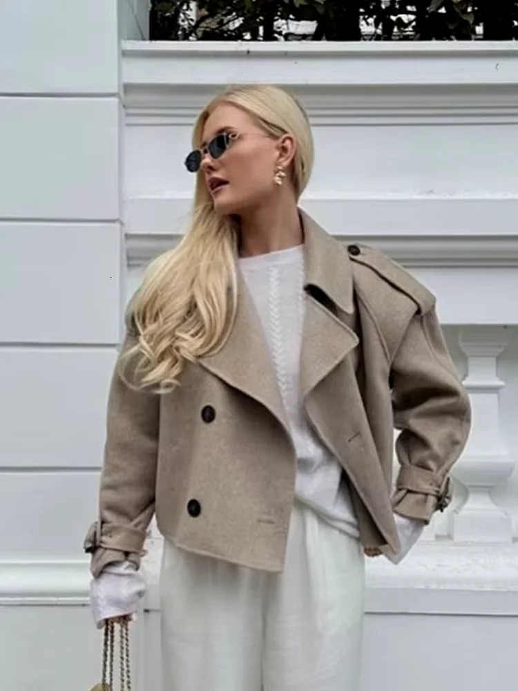 Women Solid Lapel Double Breasted Short Jacket Chic Long Sleeves Loose Woolen Cropped Coat 2024 Ladies Commute Street Outerwear 241116