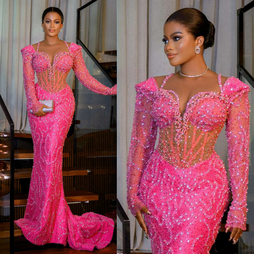 Plus Nigeria African Size Prom Pink Evening Dresses Long Sleeves Sequin Lace Formal Dress Rhies Mermaid Illusion Birthday Gowns For Black Women NL
