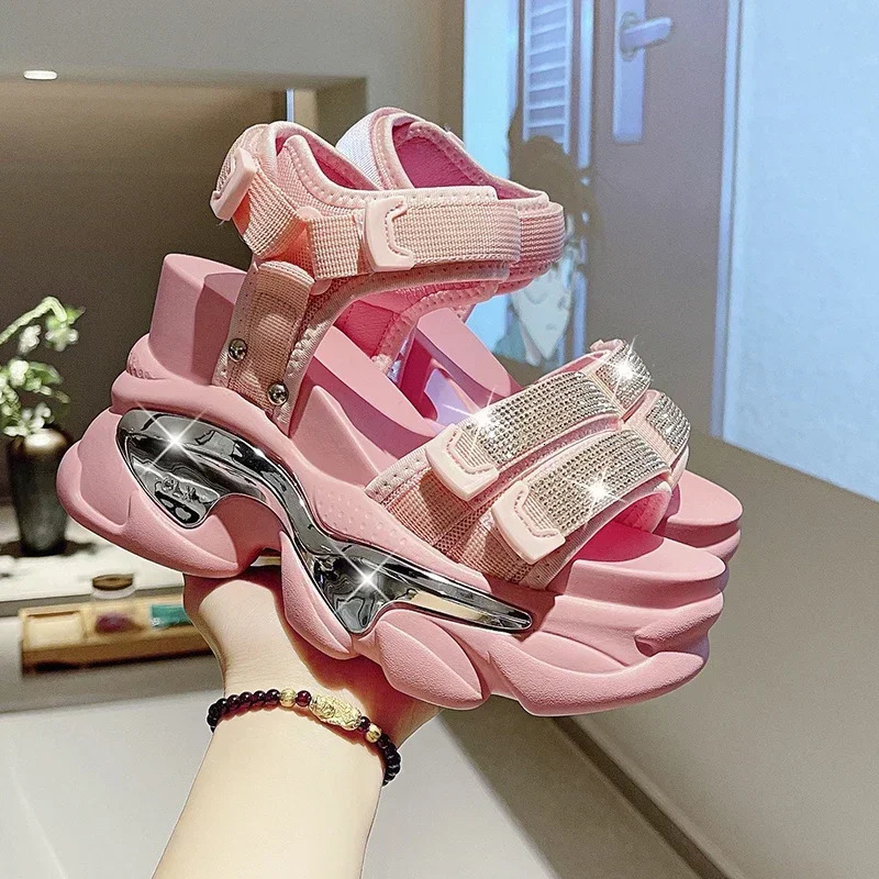 Summer High Platform Women Sandals Buckle 10CM Wedges Bling Shoes Fashion Outside Chunky Sandals Beach Casual Slides Woman 240415