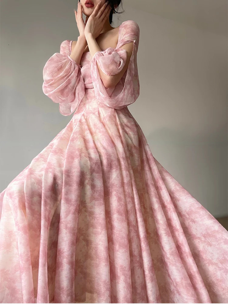 Pink Floral Dress Elegant Woman Long Sleeve Chiffon Casual Midi Dress Even Party Elegant Flormal Dress Beach Style Summer 240410