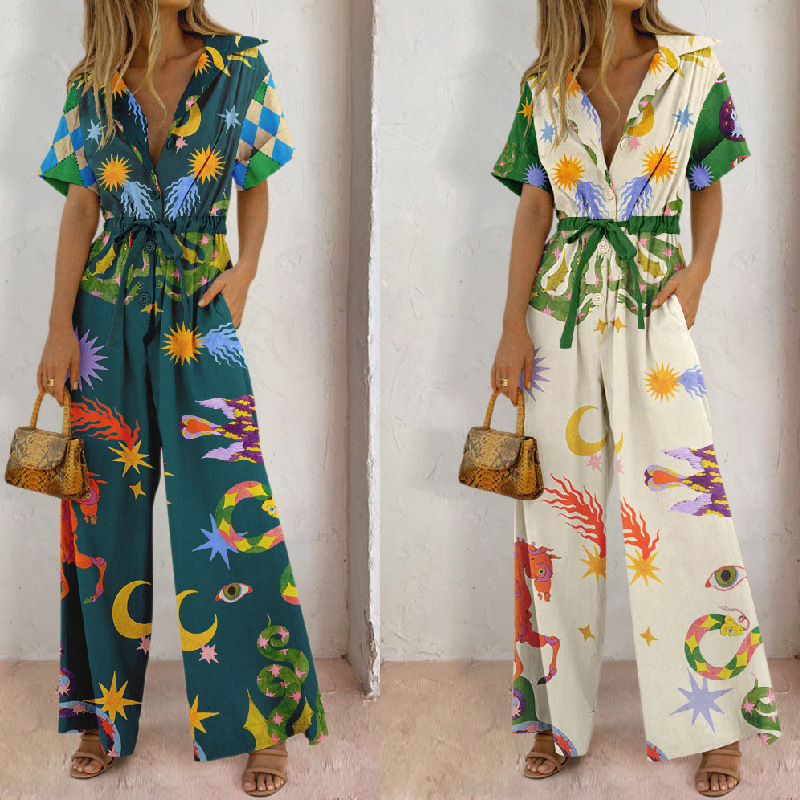 Street Style Womens Printed Cotton Pants Jumpsuit High Waist Casual 240416
