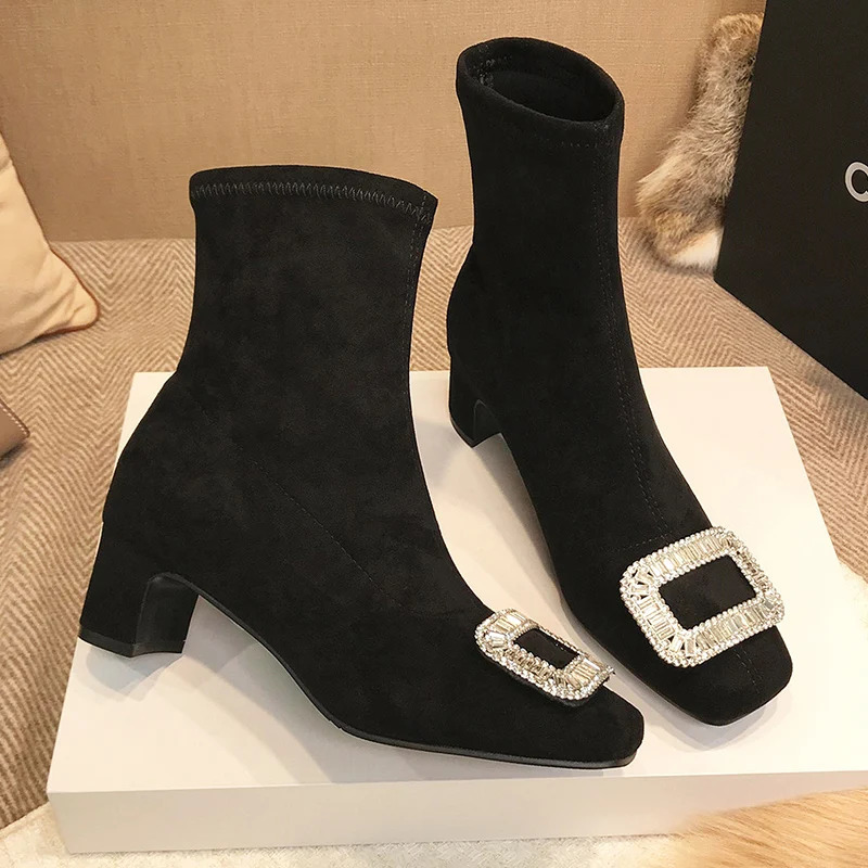 Square toed womens ankle boots crystal suede mid boots er winter Chelsea boots 2024 fashionable walking womens bench 241115