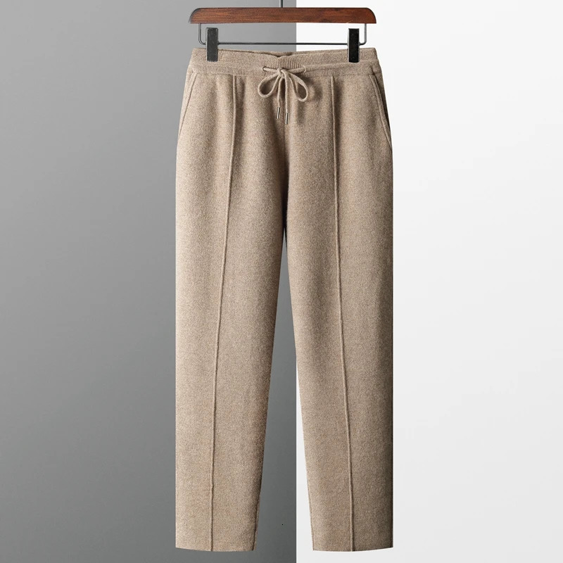Mens pure wool knitted pants with elastic waist slim and fitted mid seam thick boxing for warmth fashion 241115