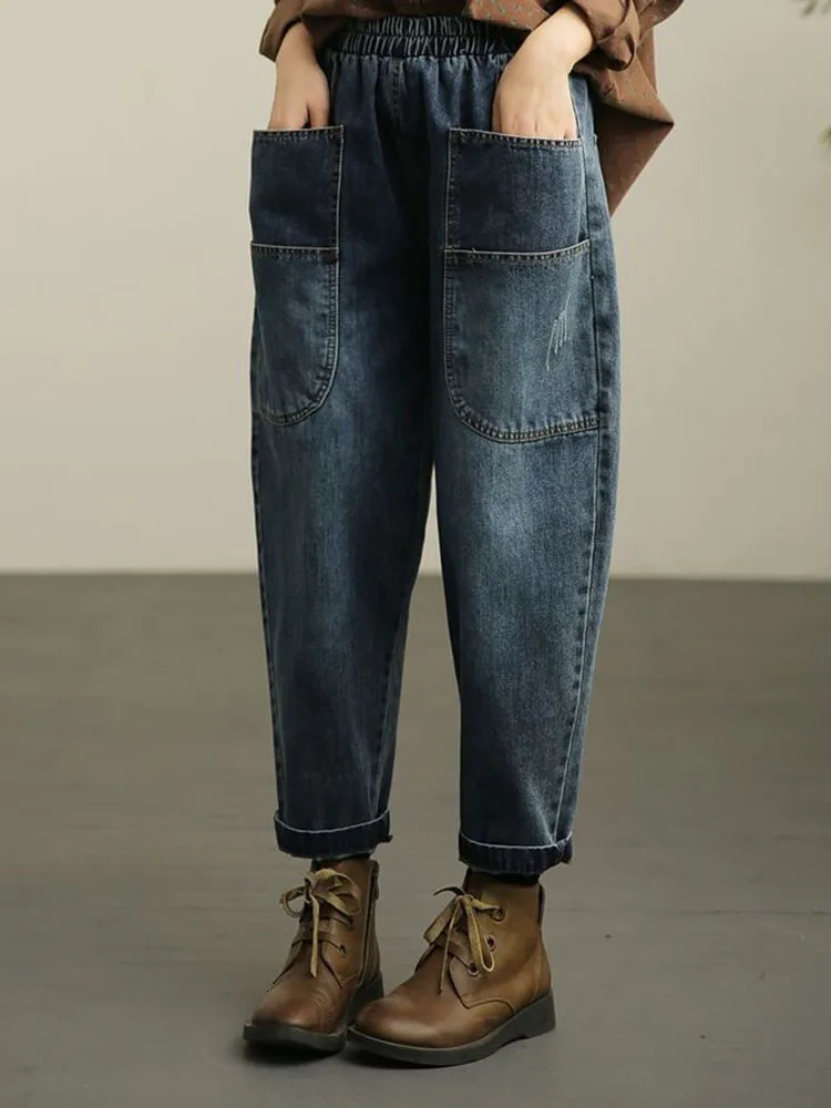 Baggy Hight Waist Harem Jeans Woman Korean Streetwear Ankle Length Denim Pants Spring Fall Vintage Casual Pocket Kot Pantolon 241108