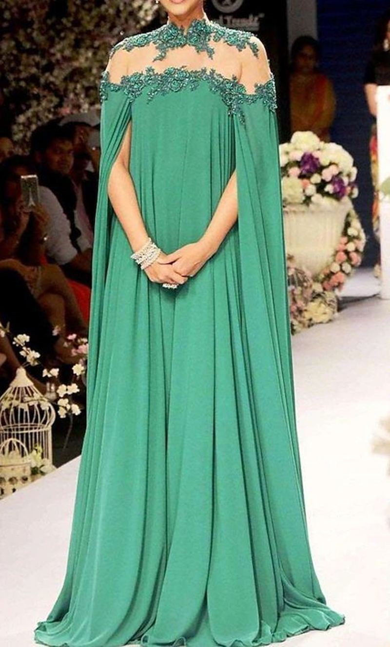 Elegant Arabic Green Long Evening Dresses Cape Sleeves Lace Appliques Illusion High Neck Chiffon Formal Occasion Dress For Women 2024 Sexy Prom Gown