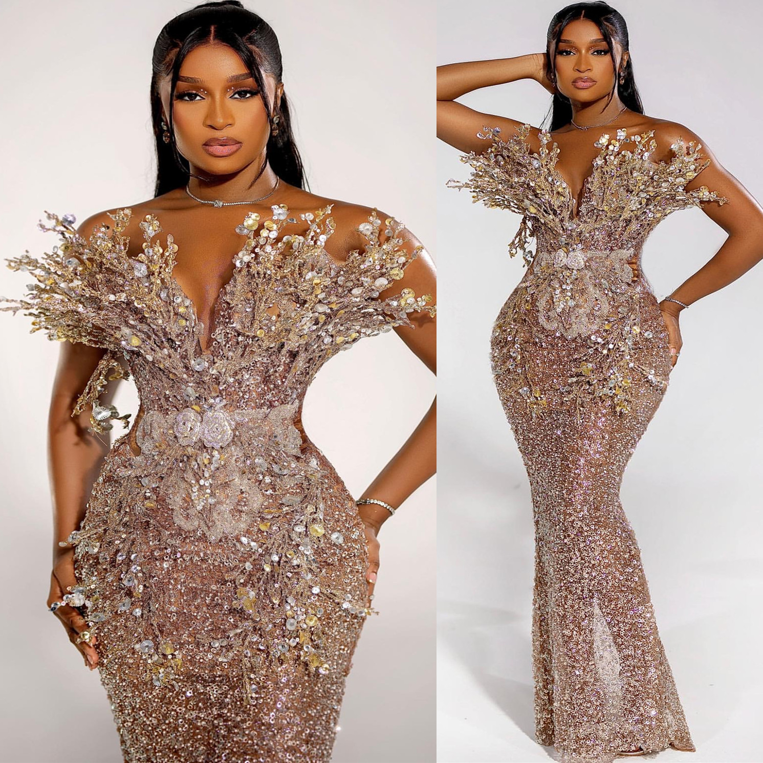 2024 Aso Ebi Gold rals Mermaid Prom Dress Sequined Evening Formal Party Second Reception 50th Birthday Engagement Gowns Dresses Robe De Soiree ZJ330