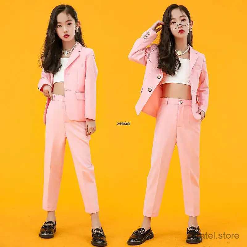 Suits Girls Pink Formal Wedding Suit Kids Jacket Pants 2PCS Party Photograph Set Teenager Tuxedo Party Dress Dance Show Costume