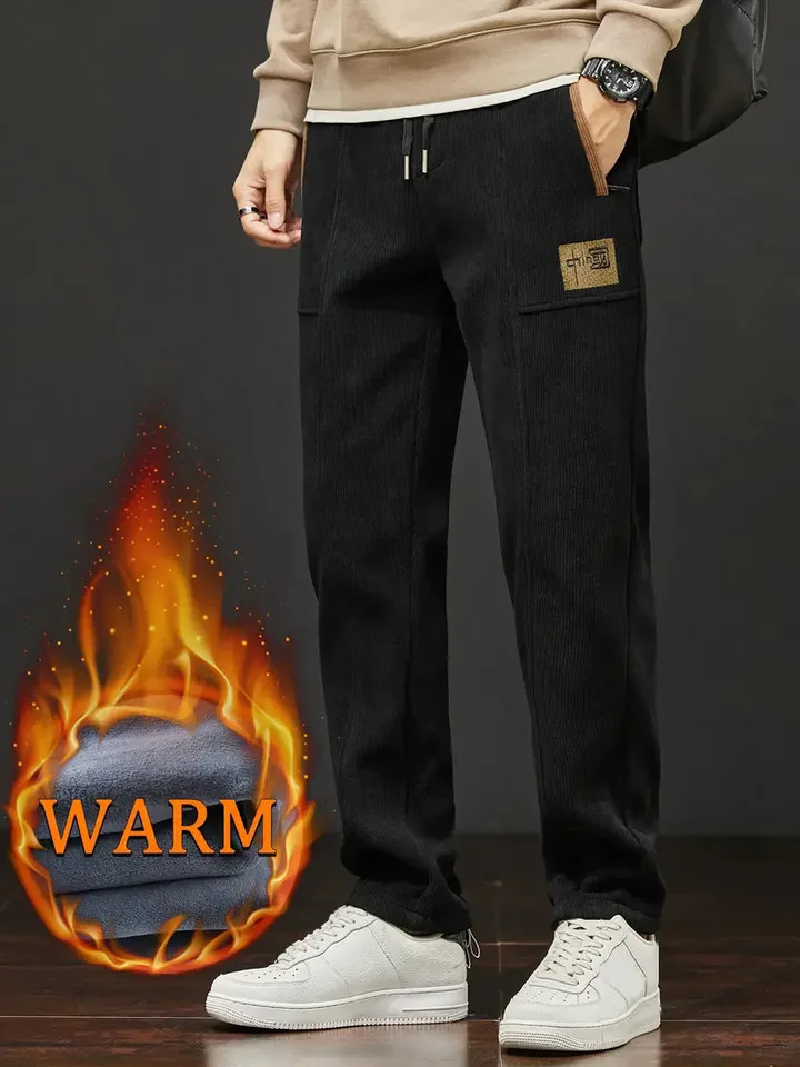 Winter Thick Wool Mens Pants Warm Casual Embroidered Alphabet Lining Plush Outdoor Sports 241115