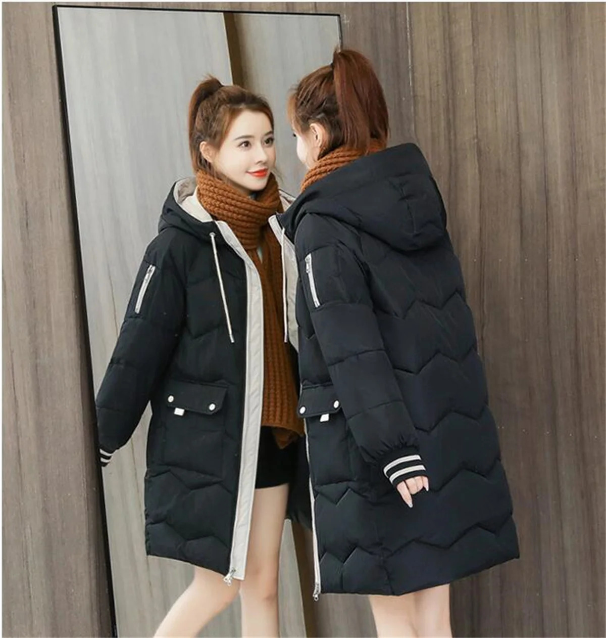 Women Winter Midlength Quilted Coat Hooded Overcoat Thick Warm Jackets Contrast Pockets Fashion Parkas Casual Loose Down Jacket 241108