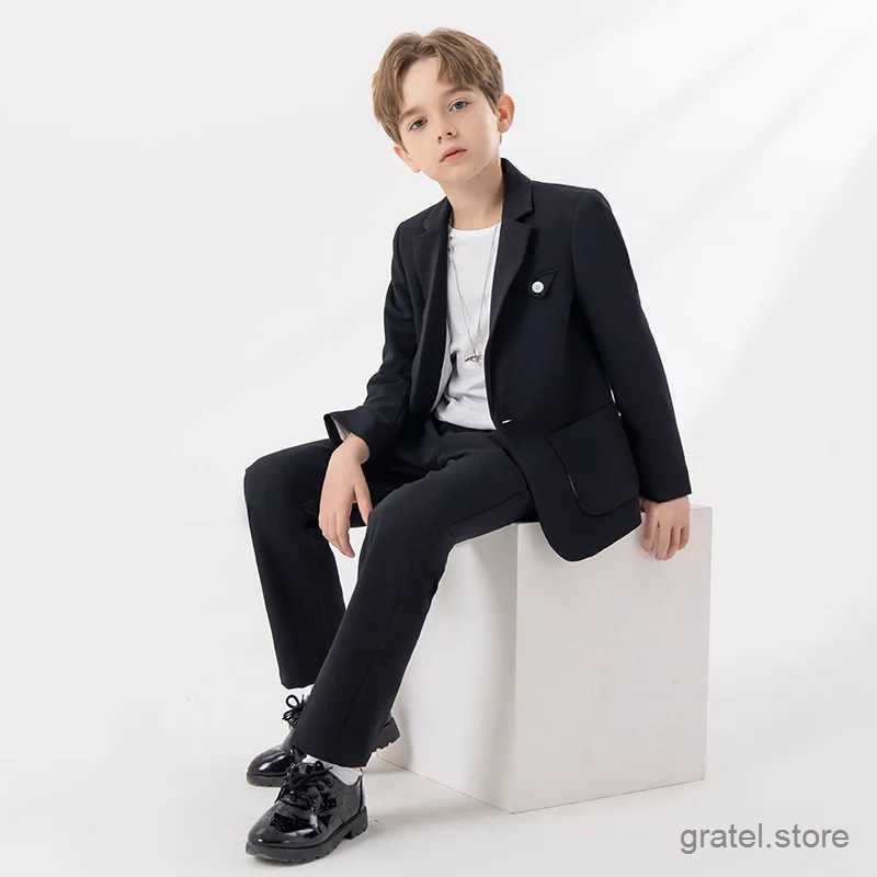 Suits Boys Graduation Ceremony Photograph Suit Children Jacket Pants Necklace 3PS Piano Party Dress Children Host Performance Costume