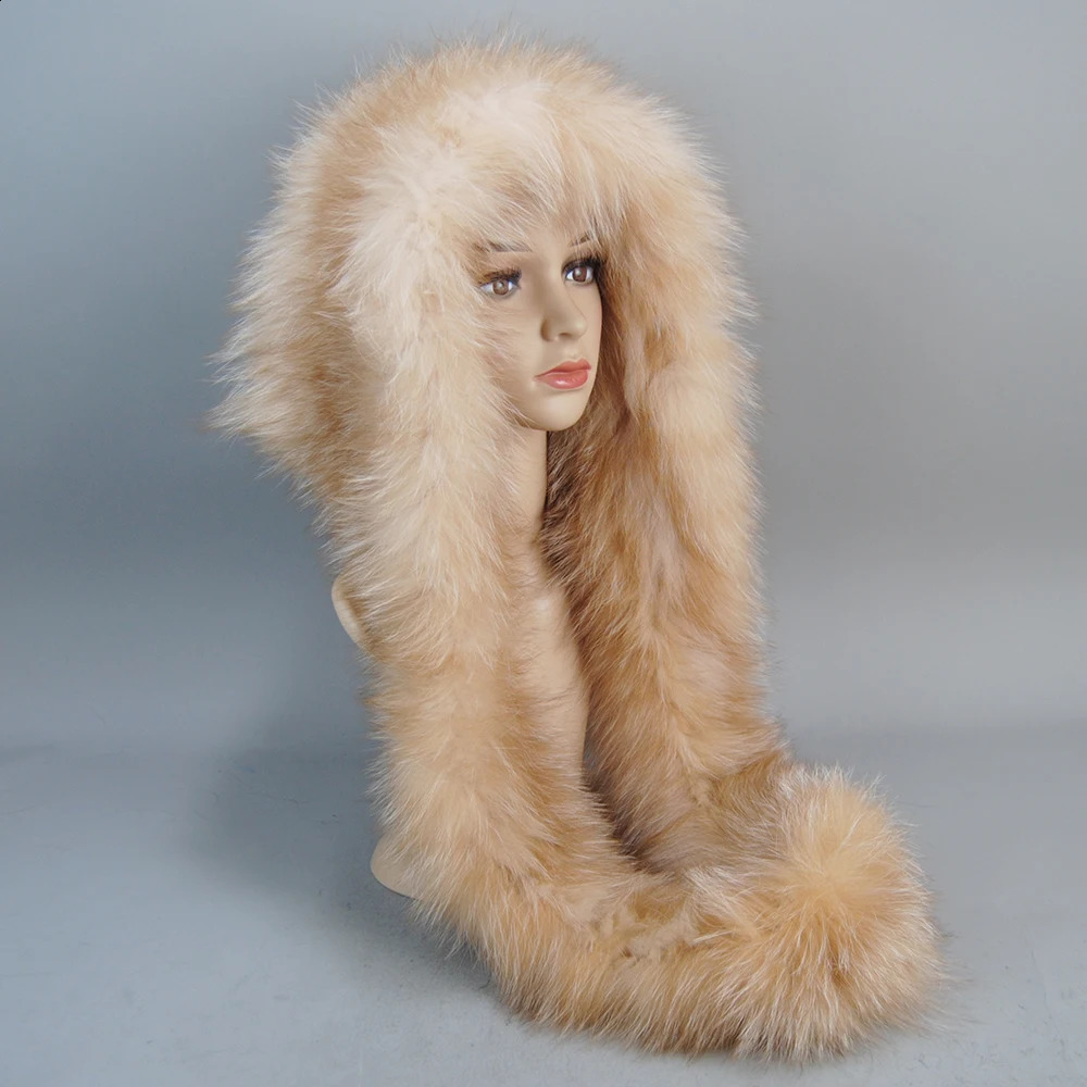 2024 Fashion Lady Real Fur Hat Scarf Winter Warm Fluffy Natural Hats Scarve Knitted Genuine Hooded Muffle 241116