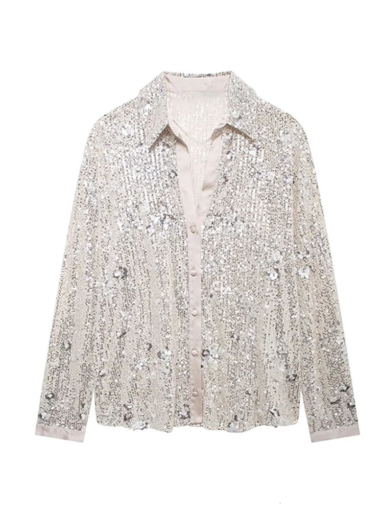 Fashion sequin decal womens shirt Y2K Street Stand collar single chest shiny womens holiday party womens fashion top 241115