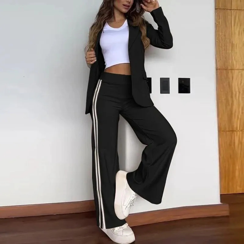 Autumn elegant striped printed womens set sexy lapel top and split pants winter long sleeved office uniform 241115