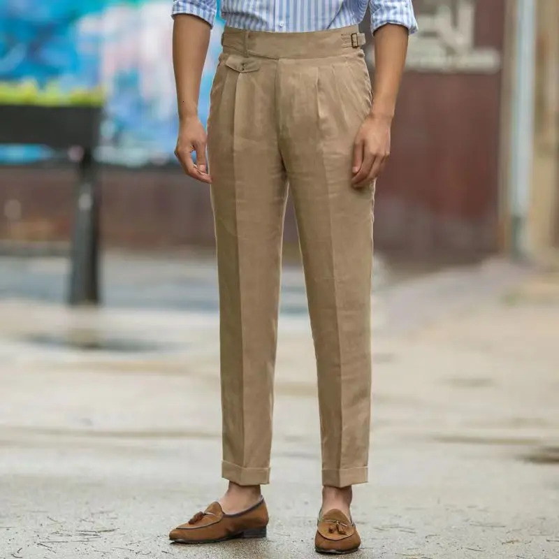 British Style Men Gurkha Linen Pant High Waist Straight AnkleLength Pants Spring Summer Quality Thin Casual Loose Trouser 240415
